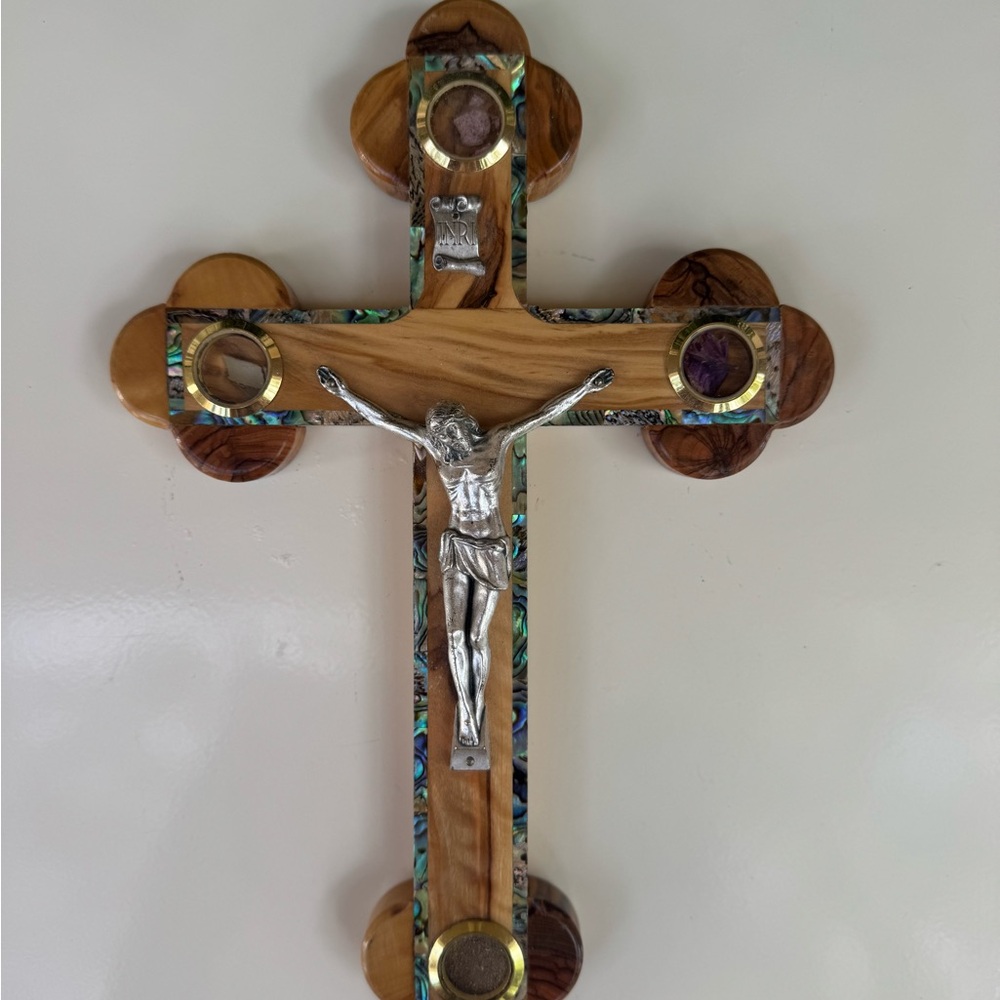 Olive Wood and Pearl Inlay Silver Jerusalem Cross Crucifix Wall Art Decor